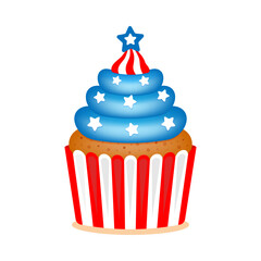 American themed cupcake. USA happy independence day cupcake. Vector illustration in cartoon flat style. Isolated on white background.
