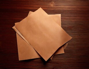 Paper, texture, and presentation materials form a rustic visual scene: several torn pieces of brown craft paper are neatly arranged on a table surface, prepared for stylish and minimalistic display pu