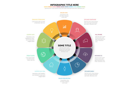 Modern circle infographic template with 10 options, sections, and icons