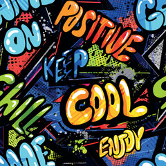Abstract bright graffiti pattern. With bricks, paint drips, words in graffiti style. Graphic urban design for textiles, sportswear, prints.
