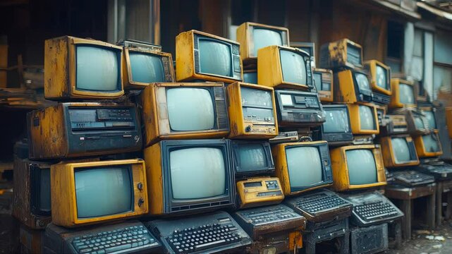 A large pile of old, dusty computer monitors and keyboards stacked together, symbolizing outdated technology, recycling, and digital waste