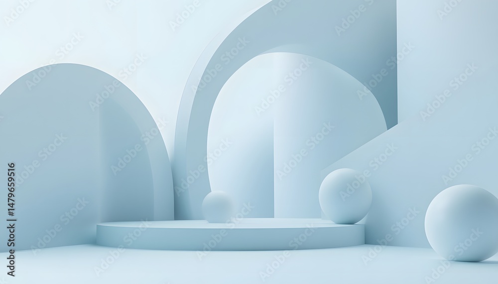 Poster light blue minimalist architectural scene with smooth forms.