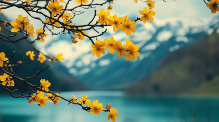 Yellow Blossoms Overlooking a Mountain Lake