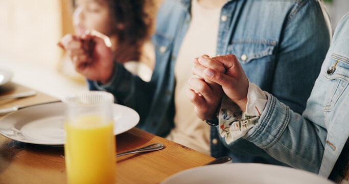 Dinner, closeup and family holding hands with prayer in home for grace, appreciation and thankful for food. Christian people, table and grateful for lunch with gratitude, religion and praise together