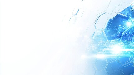 Obraz premium Abstract digital background with glowing blue hexagonal patterns and bright light streaks on a white backdrop