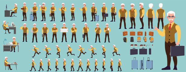 Man Character design. Front, side, back view and explainer animation poses. Character set with lip sync and facial expressions of Happy, angry, sad, Joy with Side walk cycle animation sequence sprite 