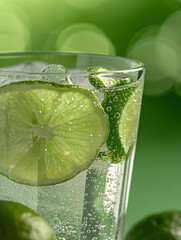 Close-Up of Refreshing Limeade with Lime Slices and Soda Bubbles in Natural Light