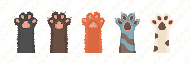 Animal illustration with creative cat paw print claw wallpaper adorable cartoon design pattern black toe symbol fun fabric happy background art pet kitten foot vector character

