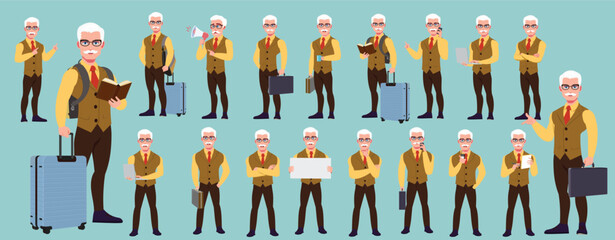 Man Character design. Front, side, back view and explainer animation poses. Character set with lip sync and facial expressions of Happy, angry, sad, Joy with Side walk cycle animation sequence sprite 