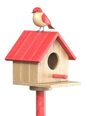 Wooden birdhouse with cartoon style bird on top of the roof 3D
