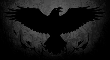 Fototapeta premium Shadow Crow Wings spread against a mottled sky Mystery in the dark