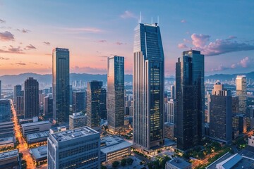 Obraz premium Modern Skyscraper Offices Transforming Urban Downtown Skyline into a Dynamic Corporate Hub