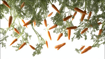 Fresh carrots with green leaves floating on white background