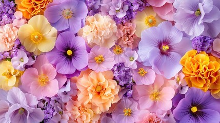 Vibrant Flora: A mix of purple and yellow flowers, delicate blossoms, and rich greenery, creating colorful and calming compositions in nature.