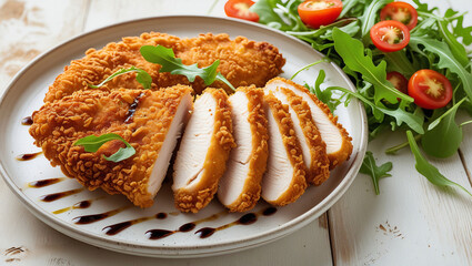 Sliced fried cutlet on white plate with vibrant greens. Great for international food photography and chef portfolios.