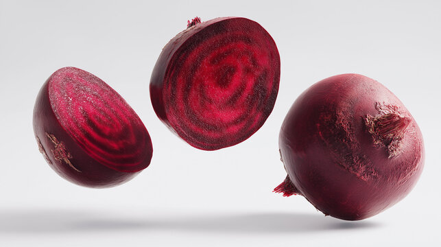 Whole and sliced beatroot floating on thr white background
