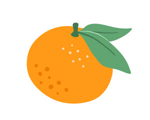 Tangerine with leaves, vector flat illustration, abstract fruit art isolated on white