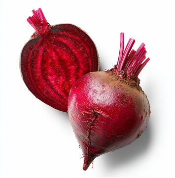 Whole and sliced beatroot floating on thr white background