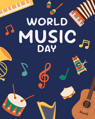 World Music Day and musical instruments poster. Music day concept. Vector illustration design.