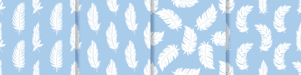 Light airy hovering feathers on a soft blue background. Set of seamless patterns with silhouette white feathers. Vector graphics
