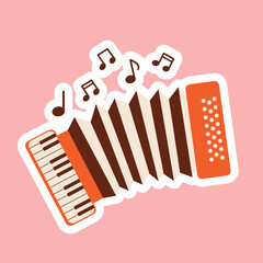Accordion sticker with music notes on isolated  background.Vector illustration