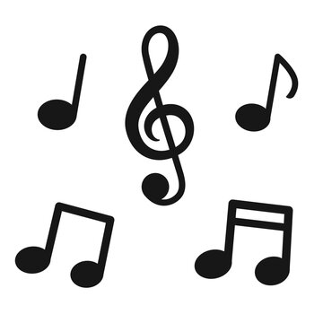 Music notes silhouette on isolated white background. Vector illustration cartoon flat style.