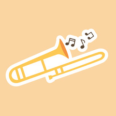 Trombone sticker with music notes on isolated  background.Vector illustration