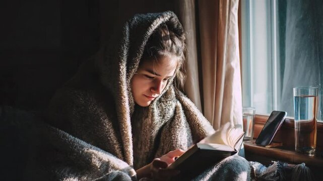 Cozy Reading Nook: A young individual enveloped in a warm blanket engrossed in a captivating book near a window, creating a scene of tranquility and literary bliss.
