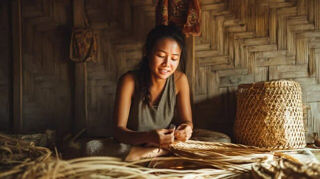 Woman Weaving: Skillful hands carefully weave natural fibers, creating a beautiful and intricate piece. The artisan's focused expression and warm lighting create a sense of calm and dedication.