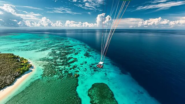 Aerial view of a vibrant coral reef with a person parasailing above turquoise waters under a blue sky