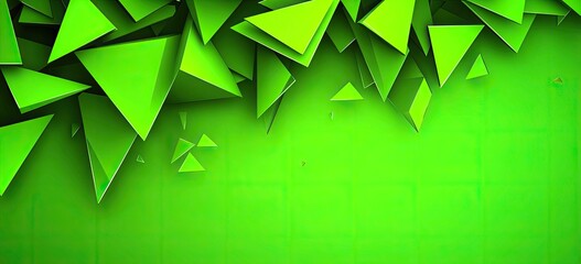 Abstract geometric pattern of vibrant green triangles.  Layered 3D triangles cascade and explode across a solid green background