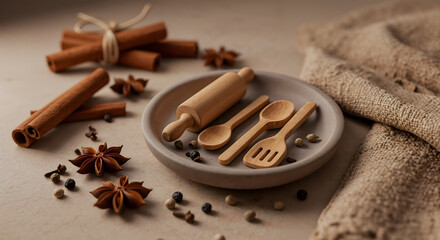 Wooden Kitchen Utensils and Spices Still Life Photography