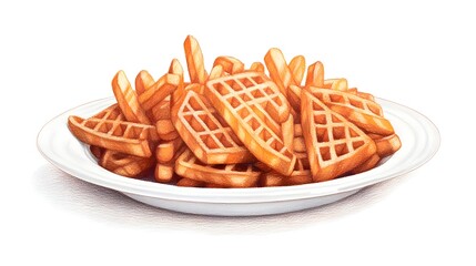 A digital illustration of crispy waffle fries on a plate.