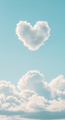 Heart-shaped cloud floating in a clear blue sky above fluffy white clouds, creating a serene and romantic atmosphere, perfect for expressing love and affection in visual storytelling