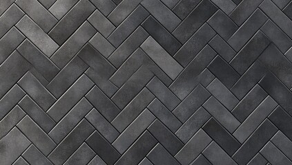 Dark gray herringbone patterned paving stones.  A textured,  interlocking design of  dark gray paving
