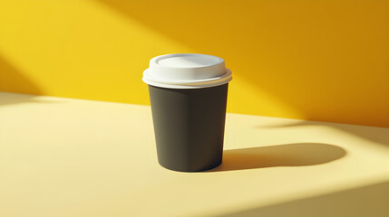 A black coffee cup with a white lid sits on a yellow surface