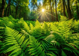 Fototapeta premium Aerial Drone Shot Lush Green Ferns, Rainforest Canopy, Tropical Fern Photography, Nature Drone View, Exotic Plants, Overhead View Ferns