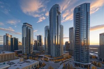 Obraz premium Sleek Skyscrapers in Urban Business Environment: Modern Architecture for Alberta Skyline and Corporate Landscape