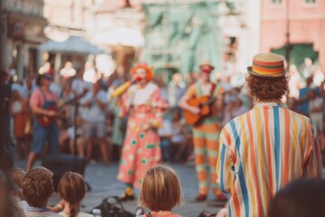 Naklejka premium Street performers entertain large crowd with music and laughter in a lively plaza during the summer afternoon