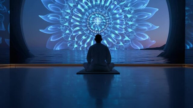 Inner peace: a person meditates on a meditative mat while looking at a beautiful flower shape. A scene that makes people calm down and feel at peace with themselve.