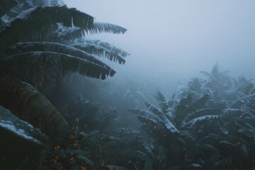 Tropical rainforest covered in heavy snow creates a surreal winter landscape in a tropical region