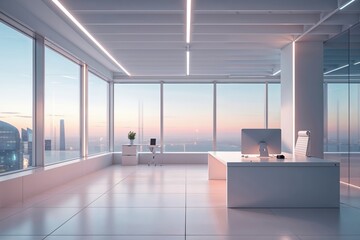 Minimalist Tech Office Background with Panoramic Windows Soft Lighting and Dreamy Atmosphere