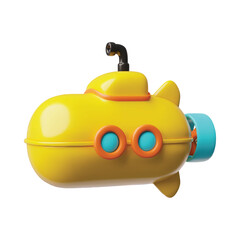 Submarine 3D plastic style vector icon, cartoon yellow underwater ship, navy vehicle with periscope, porthole and blades