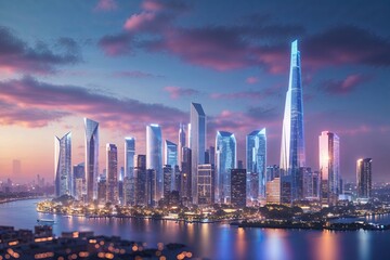 Obraz premium Enchanting City Skyline Visualization with Soft Focus Effects in a Contemporary Urban Landscape