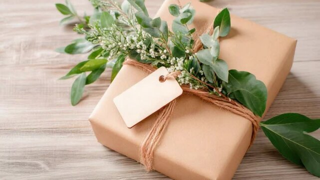 Nature's Gift:  A beautifully wrapped brown package, adorned with fresh greenery and a blank tag, conveys a sense of warmth, thoughtfulness, and the beauty of simple gestures.