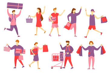 Cartoon group of man woman boy girl shopping together in store with happy human figures stylish adult posing cheerful fashion purchase set character isolated on white retail graphic design

