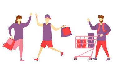Shopaholic walking with trendy bag in fashion retail environment colourful client action illustration product buy figure posing collection cheerful woman style male female market happy young vector

