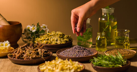 Various herbal ingredients are placed on wooden plates and arranged on the table. A hand drops dried purple lavender buds into a bowl. Behind are vials containing yellow liquid. Healing plants.