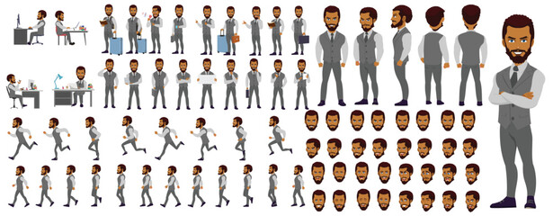 Man Character design. Front, side, back view and explainer animation poses. Character set with lip sync and facial expressions of Happy, angry, sad, Joy with Side walk cycle animation sequence sprite 