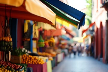 A vibrant marketplace scene spills with color, showcasing an array of fresh produce under awnings on a sunlit street.